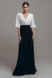 Pleated V Neck Black White A Line Long Formal Dress