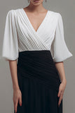 Pleated V Neck Black White A Line Long Formal Dress