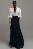 Pleated V Neck Black White A Line Long Formal Dress