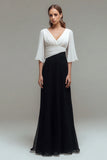 Black White Chiffon Pleated A Line V Neck Formal Dress