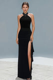 Halter Black Velvet Sheath Formal Dress with Slit