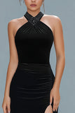 Halter Black Velvet Sheath Formal Dress with Slit
