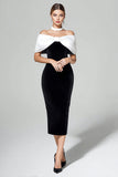 Off The Shoulder Black White Velvet Sheath Midi Formal Dress