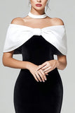 Off The Shoulder Black White Velvet Sheath Midi Formal Dress