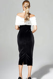 Off The Shoulder Black White Velvet Sheath Midi Formal Dress