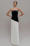 Velvet Black White Sheath Strapless Formal Dress
