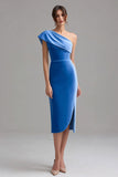 One Shoulder Blue Velvet Formal Dress with Slit