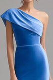 One Shoulder Blue Velvet Formal Dress with Slit