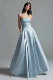 Strapless Sky Blue A Line Satin Formal Dress