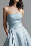 Strapless Sky Blue A Line Satin Formal Dress