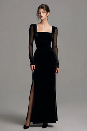 Velvet Black Long Slit Formal Dress with Long Sleeves