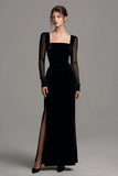 Velvet Black Long Slit Formal Dress with Long Sleeves