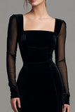 Velvet Black Long Slit Formal Dress with Long Sleeves
