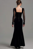 Velvet Black Long Slit Formal Dress with Long Sleeves