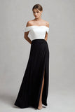 Black White Satin Off the Shoulder Formal Dress with Slit