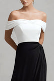 Black White Satin Off the Shoulder Formal Dress with Slit