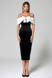 Off the Shoulder Velvet Black White Sheath Formal Dress