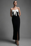Black White Sheath Spaghetti Straps Formal Dress with Bowknot