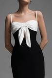 Black White Sheath Spaghetti Straps Formal Dress with Bowknot