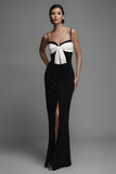 Bowknot Spaghetti Straps Black Formal Dress with Slit