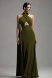 Halter Olive Chiffon A Line Pleated Formal Dress