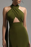 Halter Olive Chiffon A Line Pleated Formal Dress