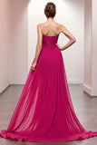 Pink Ruched Strapless Evening Dress with Slit
