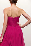 Pink Ruched Strapless Evening Dress with Slit