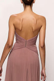 Strapless Blush Backless Ruched Long Evening Dress with Slit