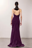 Purple V-Neck Ruched Sheath Long Evening Dress with Slit