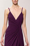 Purple V-Neck Ruched Sheath Long Evening Dress with Slit