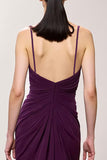 Purple V-Neck Ruched Sheath Long Evening Dress with Slit