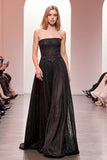 Black Sparkly Strapless Long A Line Evening Dress