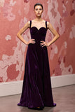 Velvet Simple Dark Purple A Line Long Evening Dress
