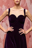 Velvet Simple Dark Purple A Line Long Evening Dress
