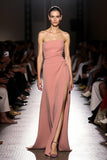 Pink Simple Ruched Strapless Long Evening Dress with Slit