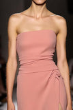 Pink Simple Ruched Strapless Long Evening Dress with Slit