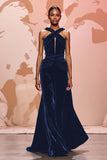 Simple Black Velvet Long Keyhole Evening Dress