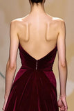 Velvet Dark Red A Line Strapless Long Formal Dress