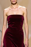 Velvet Dark Red A Line Strapless Long Formal Dress