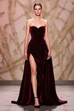 Velvet Dark Red Sweetheart Long Evening Dress with Slit