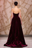 Velvet Dark Red Sweetheart Long Evening Dress with Slit