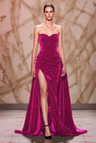 Velvet Dark Red Sweetheart Long Evening Dress with Slit