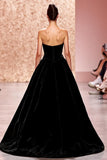 Simple Velvet Black Strapless A Line Long Evening Dress