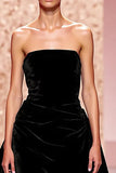 Simple Velvet Black Strapless A Line Long Evening Dress