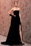 Simple Black Velvet Long Strapless Evening Dress with Slit