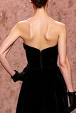 Simple Black Velvet Long Strapless Evening Dress with Slit