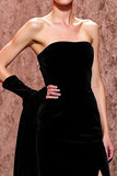 Simple Black Velvet Long Strapless Evening Dress with Slit