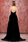 Velvet Simple Black Long Strapless Evening Dress with Slit