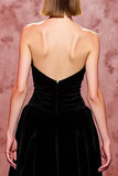 Velvet Simple Black Long Strapless Evening Dress with Slit